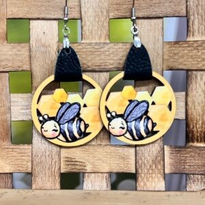 Bee Themed Wooden Earrings - Handmade NEW